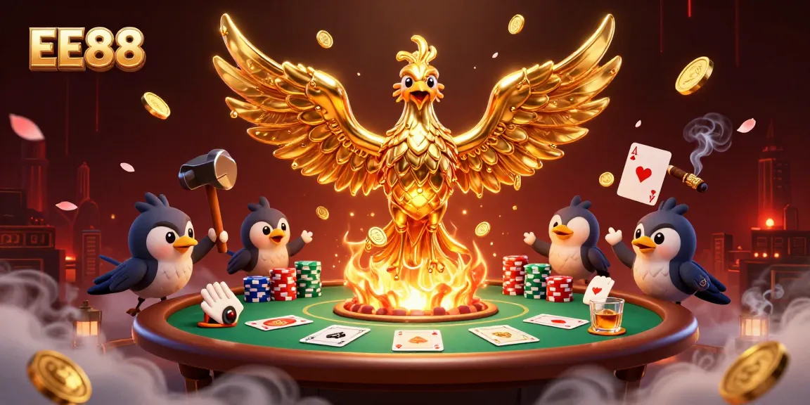 Win big with EE88 at the vibrant poker table surrounded by golden elements.