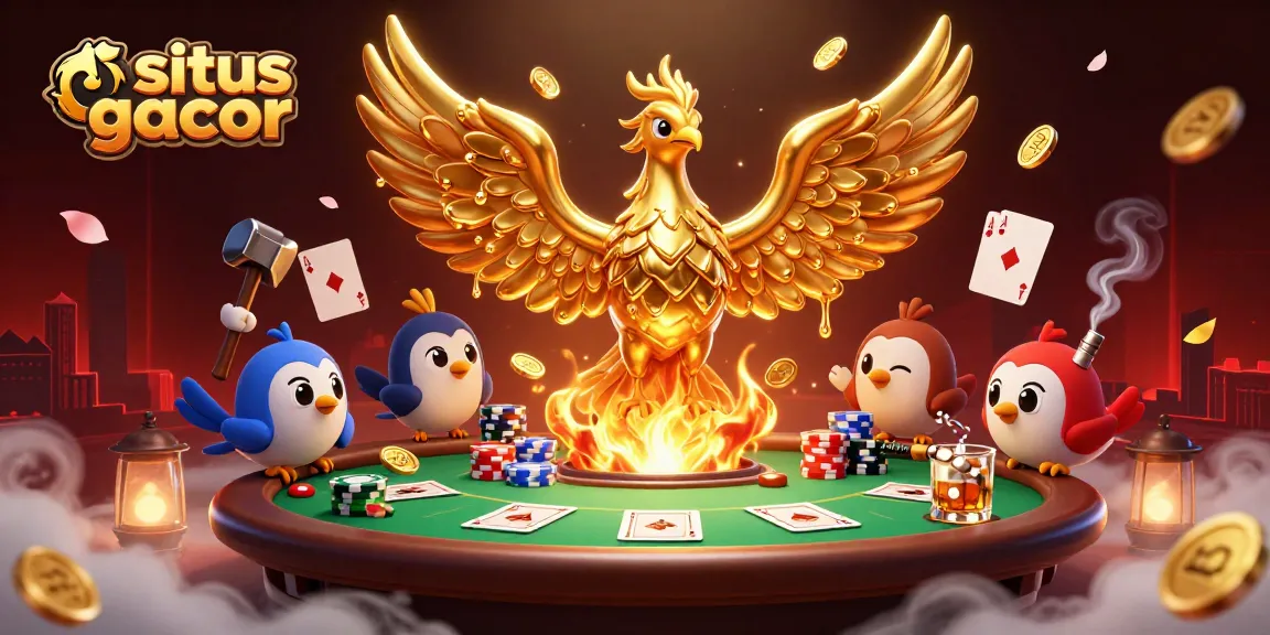 Experience winnings with situs gacor as molten gold coins cascade from a phoenix in this vibrant casino scene.