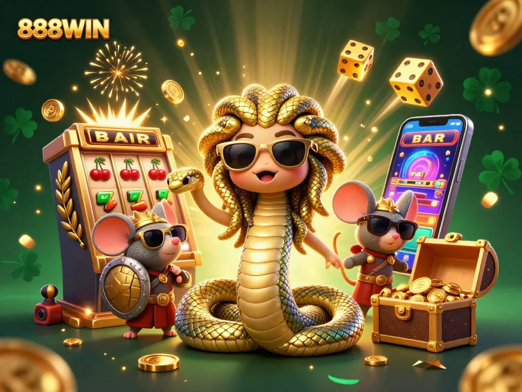 Experience excitement with 888WIN as Medusa and warrior mouse join slot machines and vibrant casino elements.