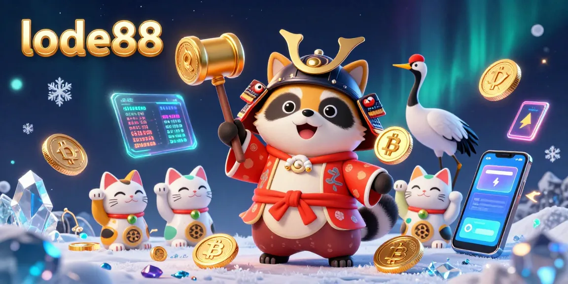 Play with luck at lode88, featuring cheerful tanuki and vibrant crypto elements in an engaging casino scene.