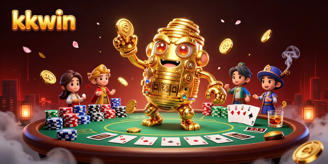Engage with kkwin's thrilling casino gaming experience featuring a golden golem amidst vibrant poker elements.