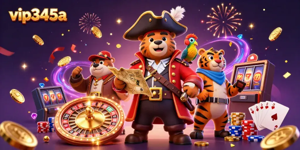 Experience thrilling games at vip345a with a festive pirate captain and gaming elements.