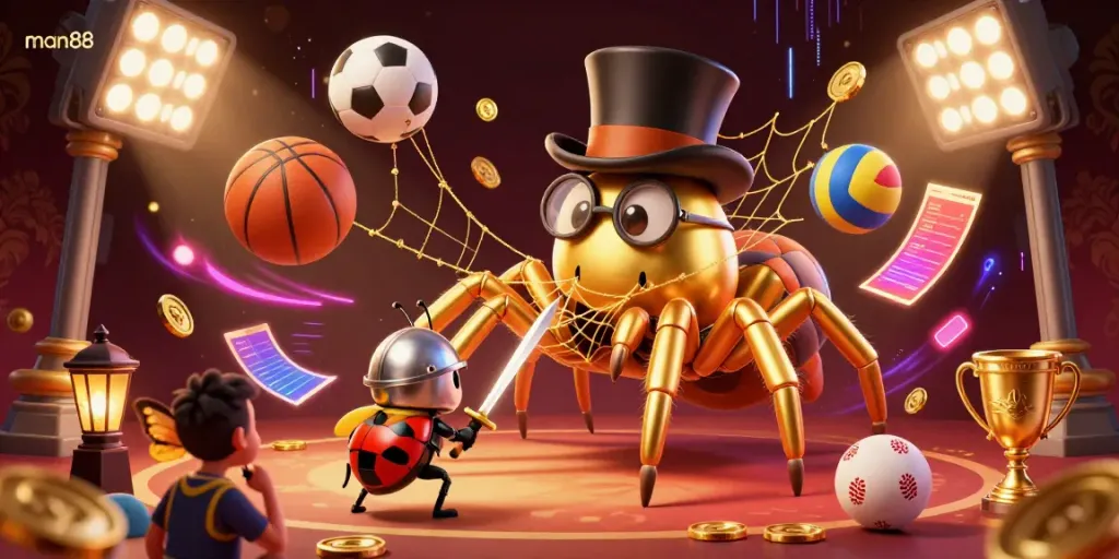 Engage with man88's vibrant casino atmosphere featuring a golden tarantula and beetle knight amidst dynamic sports elements.