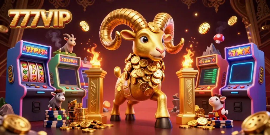 A dynamic scene showcasing 777VIP with a golden ram charging through a golden gate amidst vibrant arcade elements and slot symbols.