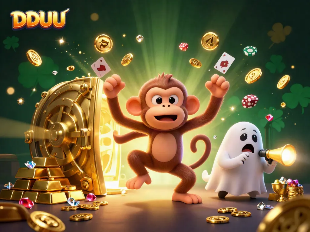 Experience the excitement of DDUU with a mischievous monkey juggling casino treasures and a curious puppy hero!