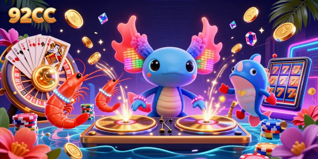Engage in thrilling casino action with 92CC, featuring a vibrant underwater scene of an axolotl DJ and lively shrimp.
