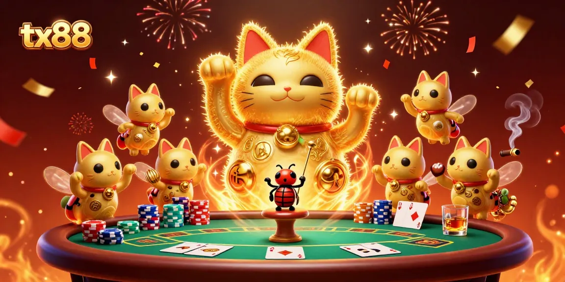 Experience the magic of tx88 with a giant lucky cat and vibrant poker action!