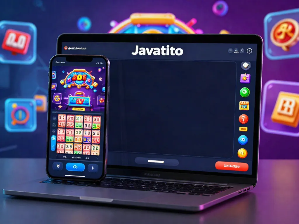 Javatoto apresentando interface de aplicativo de loteria online em smartphone em ambiente vibrante.