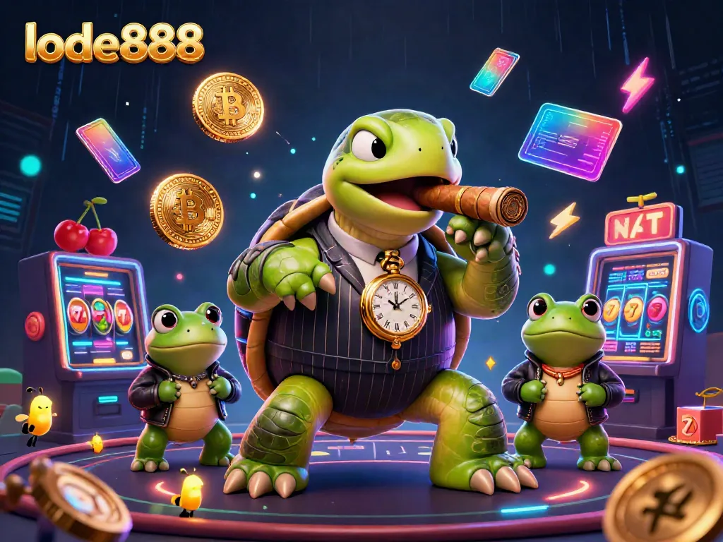 Engage with lode888's thrilling scene of a cartoon turtle mobster amidst neon-lit slot machines, showcasing crypto elements.