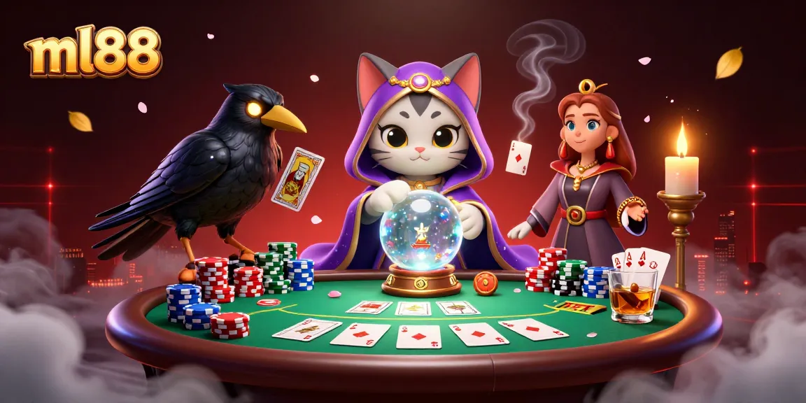 Engage in thrilling poker action with ml88's vibrant casino scene featuring mystic characters.
