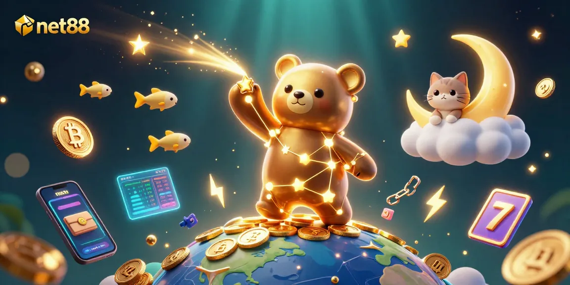 Engage with net88's vibrant casino scene featuring golden stars and crypto elements