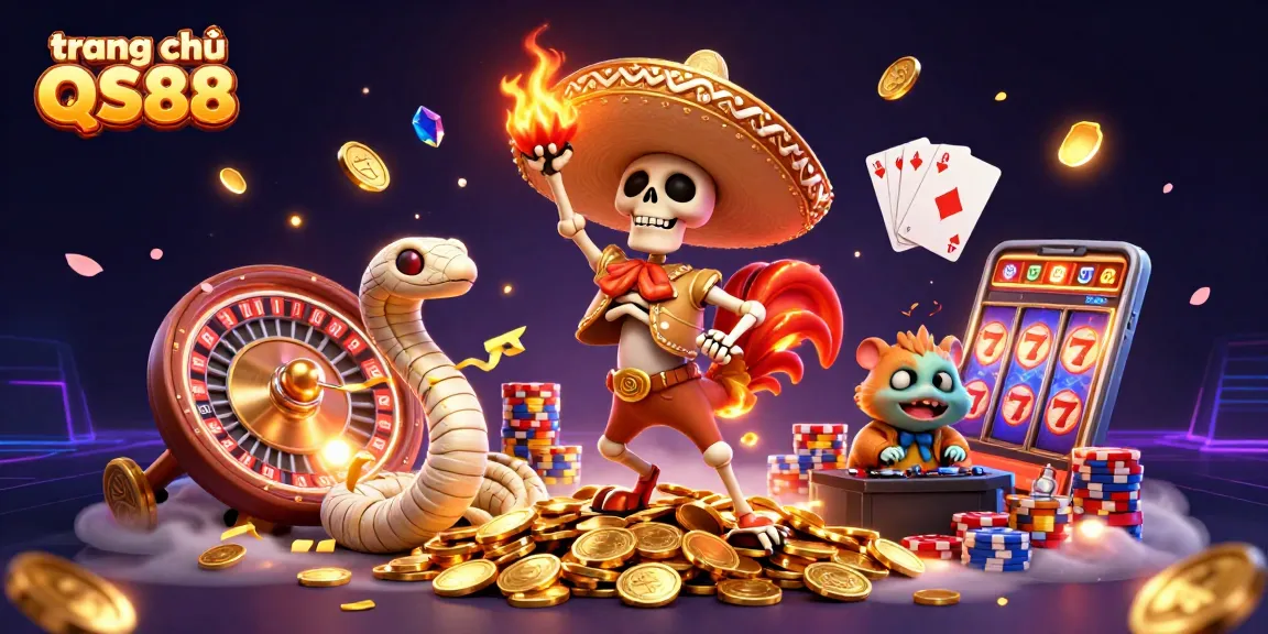 Experience the fun at trang chủ QS88, featuring vibrant casino characters in a dazzling digital world.