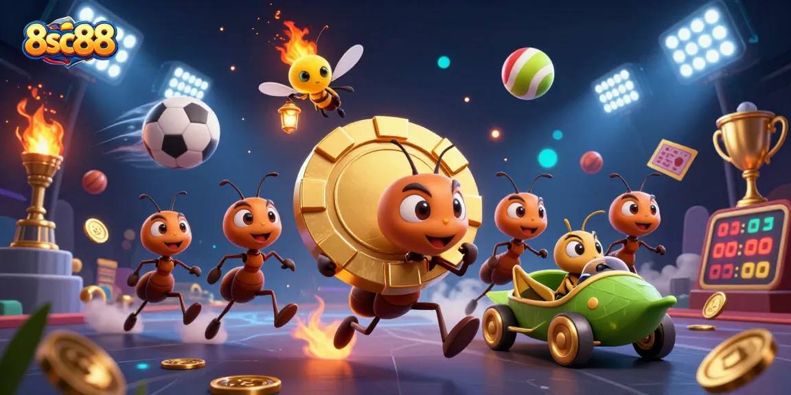Experience the excitement of 8sc88 with a dynamic heist scene featuring ants, sports elements, and rich golden visuals.