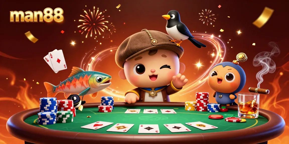 Engage with man88 in this vibrant 3D casino scene featuring a playful Nessie and poker elements.