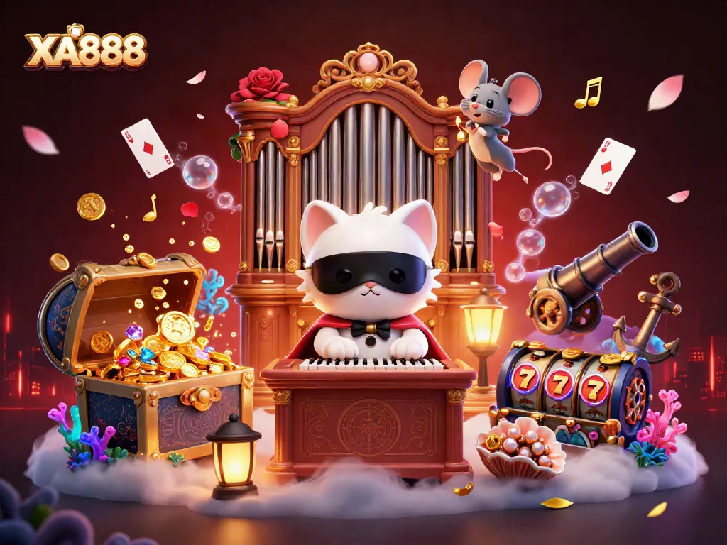 Engage with thrilling XA888 slots as our masked cat at the casino pipe organ brings the fun.