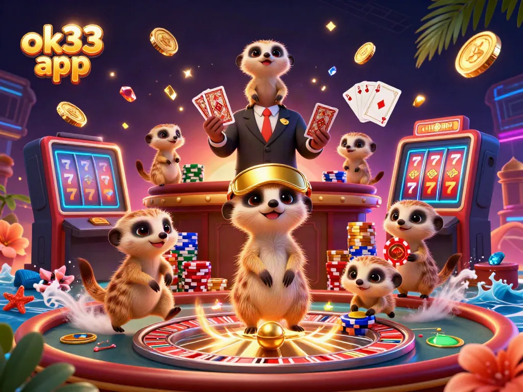 Experience fun with the ok33 app in this lively casino scene featuring animated meerkats!