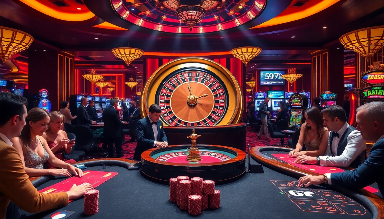 Sinta a emoção de apostar em um cassino luxuoso, com elementos vibrantes do 69T, roleta e mesas de pôquer.
