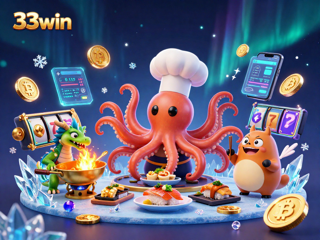 Experience rich 33win gaming with a vibrant 3D casino illustrated scene packed with action!