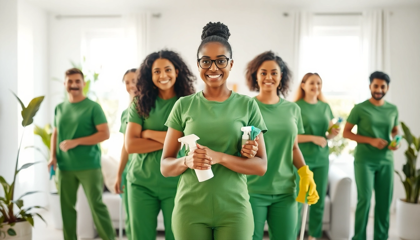 Eco friendly cleaning services team actively cleaning a bright home, showcasing green products.