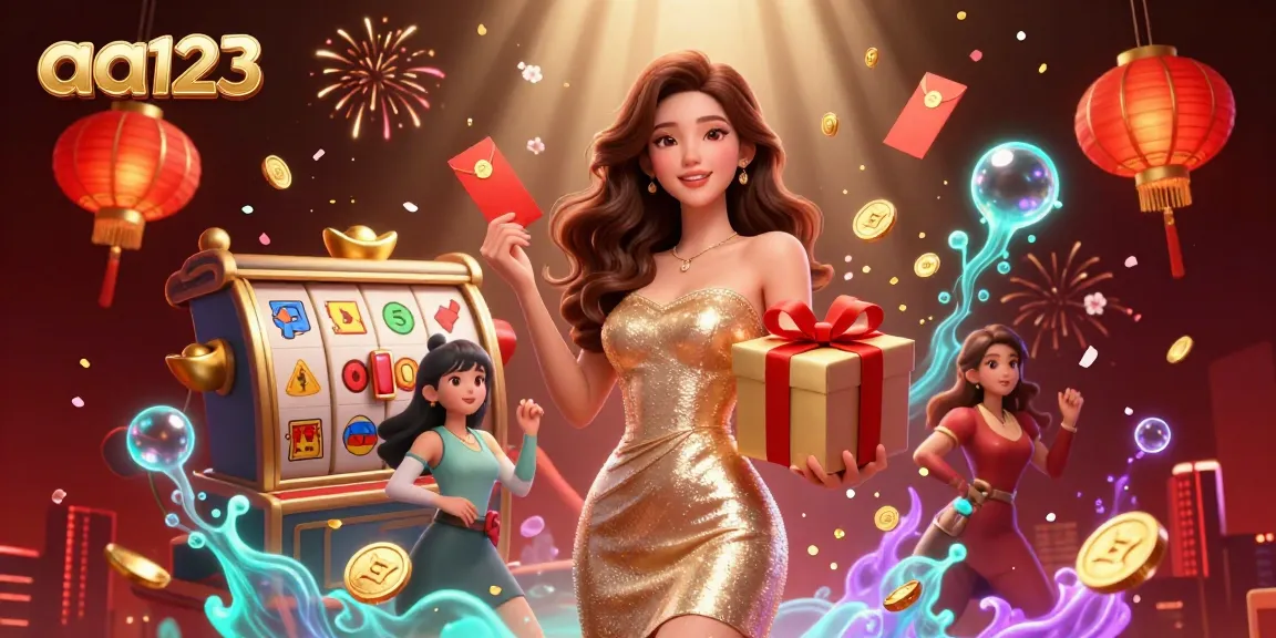Sinta a emoção do cassino aa123 com uma mulher glamourosa em uma cena festiva do Ano Novo Lunar, cercada por máquinas caça-níqueis e decorações.