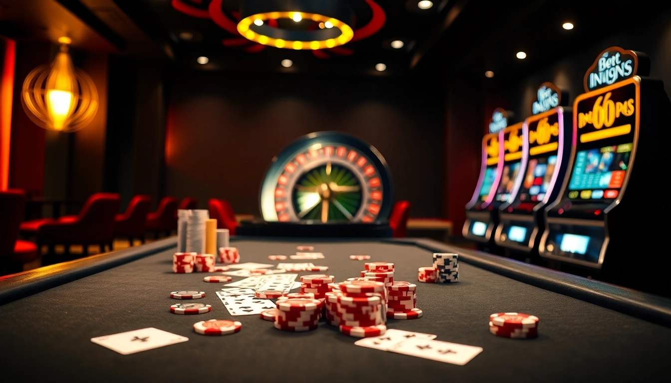 Engaging scene of players enjoying bet 88 poker and slot machines in a vibrant casino atmosphere