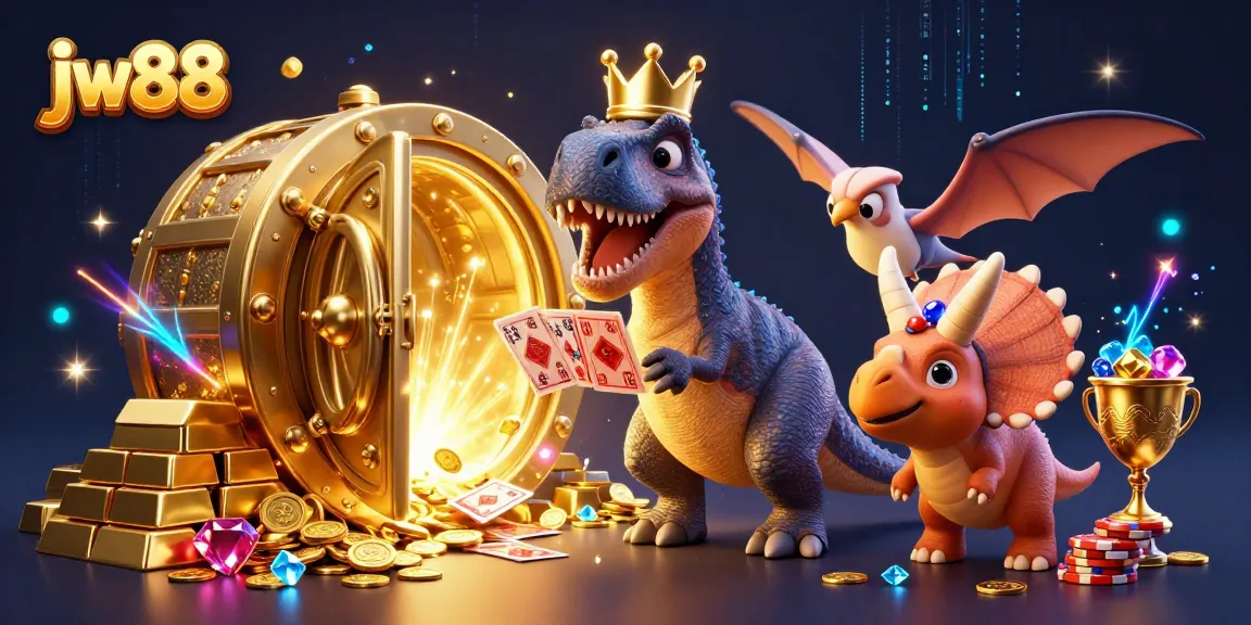 Engage in the thrilling casino world of jw88 with a friendly T-Rex, pterodactyl assistant, and triceratops amidst sparkling treasures.