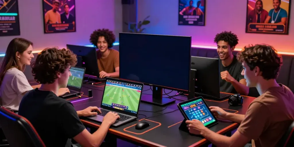 Exciting group enjoying gem88 online gaming activities on modern devices.