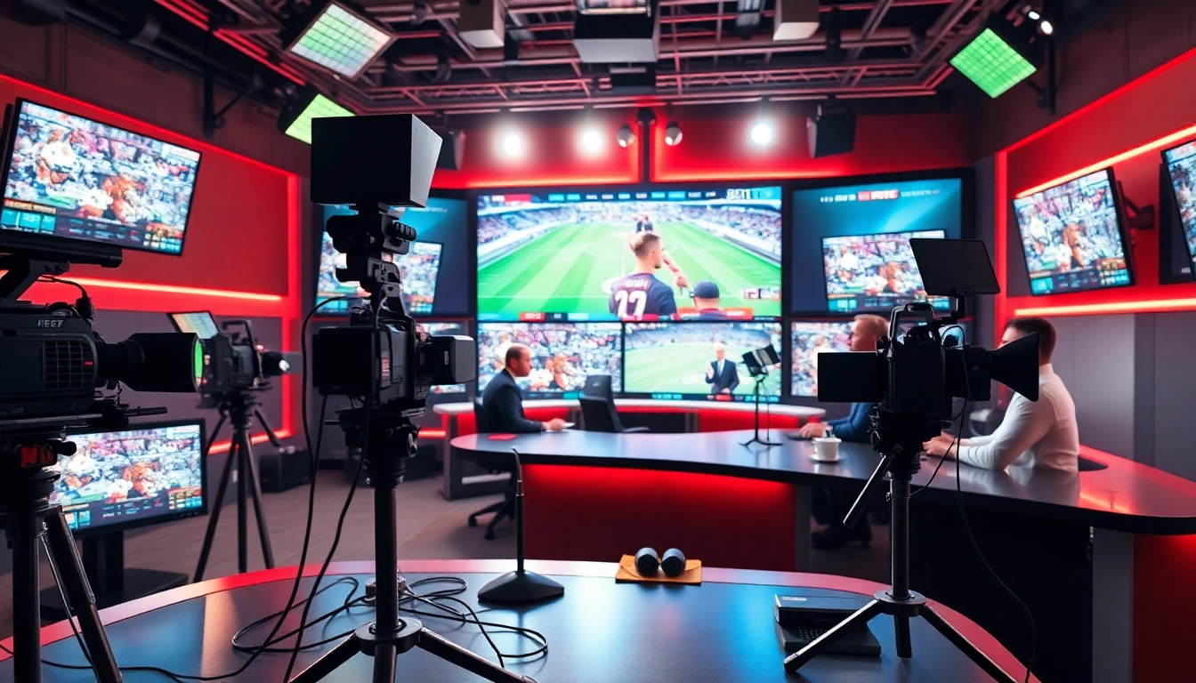 Dynamic sports broadcasting studio with hosts discussing live events and exciting graphics.