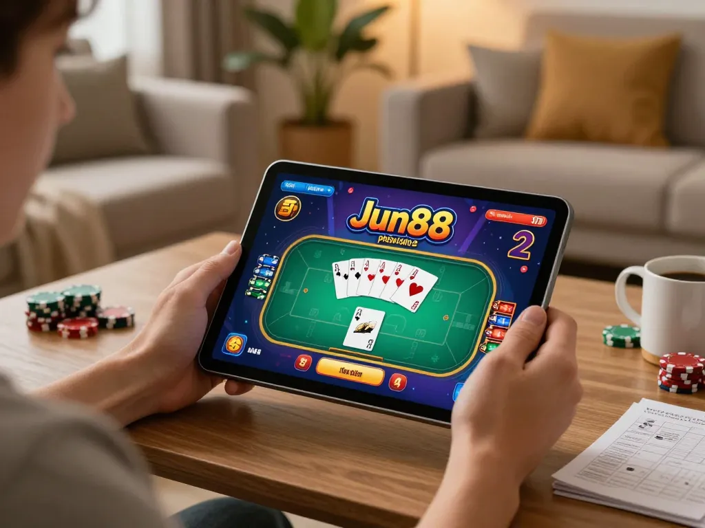 Engaging in Jun88 phiên bản 2 online poker gaming on a tablet with strategy notes visible.