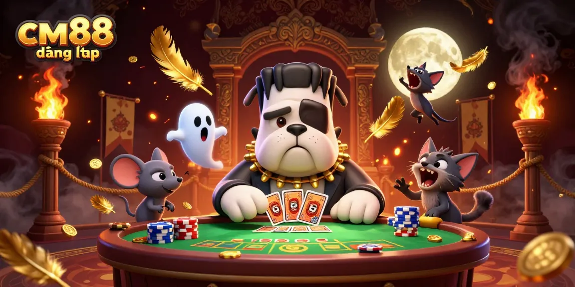 Engage in thrilling gameplay with cm88 đăng nhập featuring a lively casino scene with whimsical characters and vibrant elements.