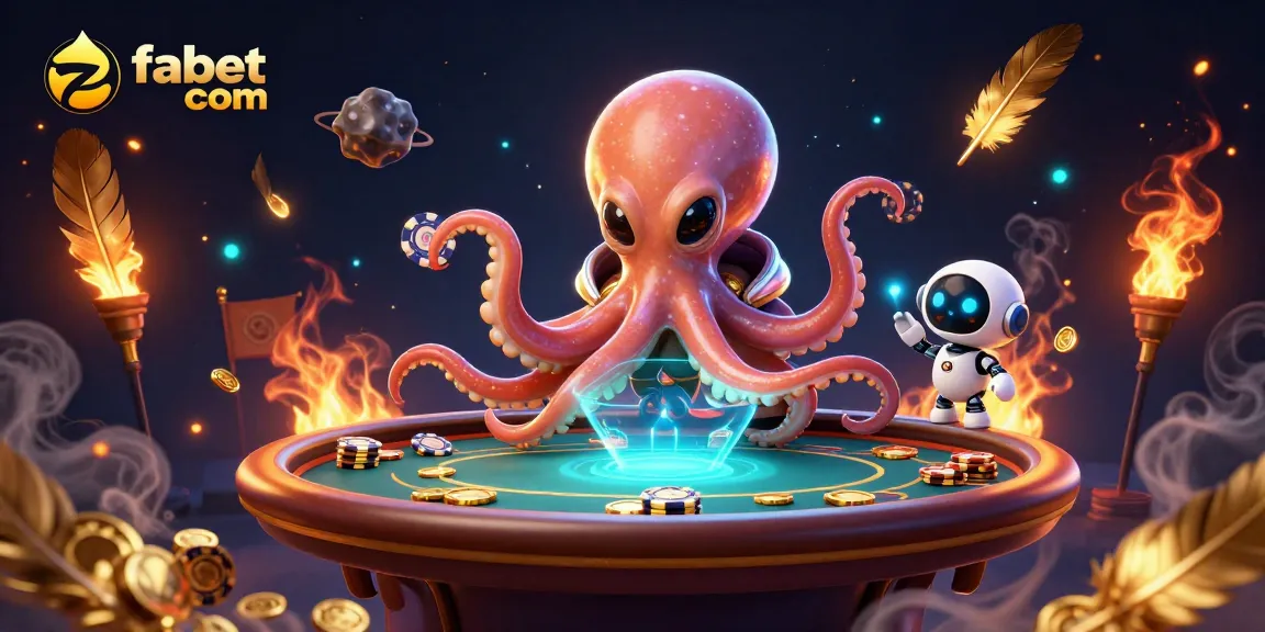 Experience the excitement of gambling with fabet com displaying an alien octopus at a dynamic poker scene surrounded by cosmic elements.