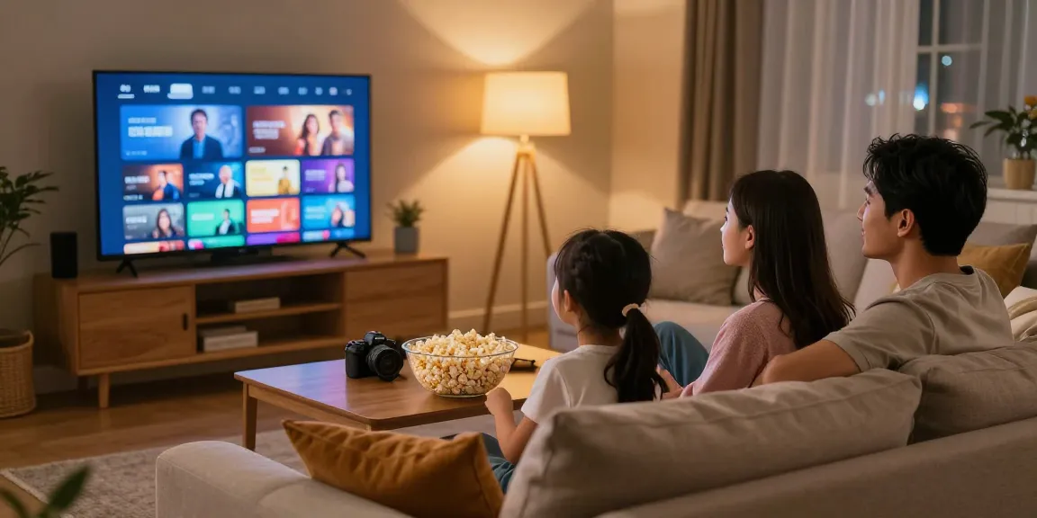 Família assistindo a filmes com bestbraziliptv em casa em ambiente acolhedor.