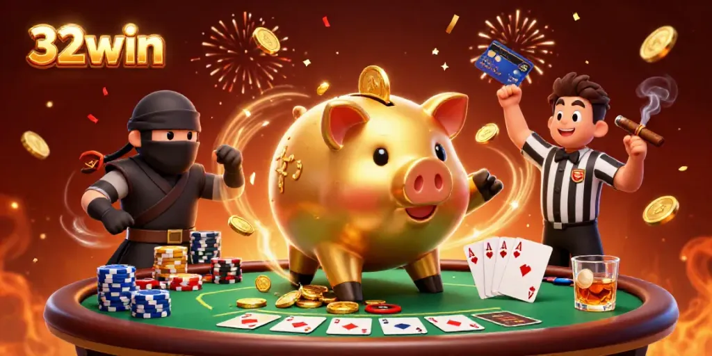 Experience vibrant casino energy as 32win's characters playfully interact amid poker excitement.