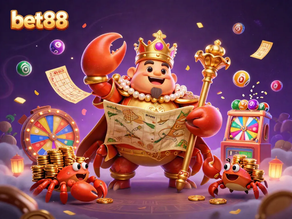 Experience the vibrant world of bet88 with a golden crab emperor, lottery elements, and lively casino atmosphere.