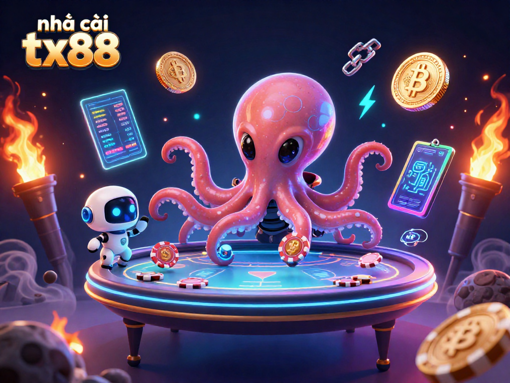 Engage in thrilling games at nhà cái tx88 with an alien octopus and crypto elements in a dynamic scene.