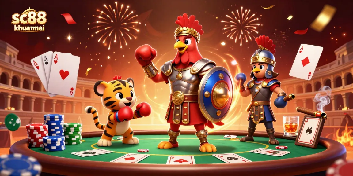 Experience thrilling action at sc88 khuyenmai with a gladiator rooster and vibrant poker elements.
