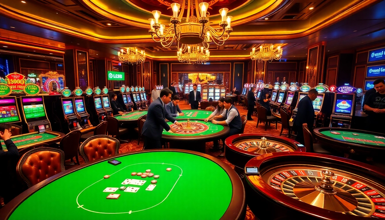 Excited gamblers enjoying games at LC88 casino tables with vibrant roulette wheels and slot machines.