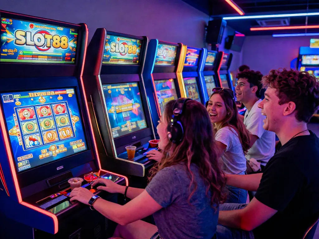 Excited friends enjoying a vibrant SLOT88 login gaming experience at an arcade.