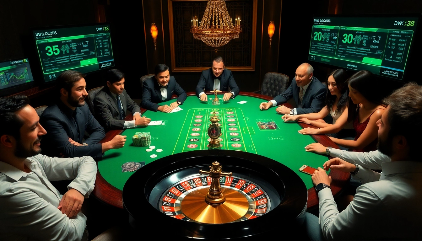 Experience the thrill of gambling at https://dw8.br.com/ with vibrant poker and roulette scenes featuring engaged players and luxurious gaming tables.