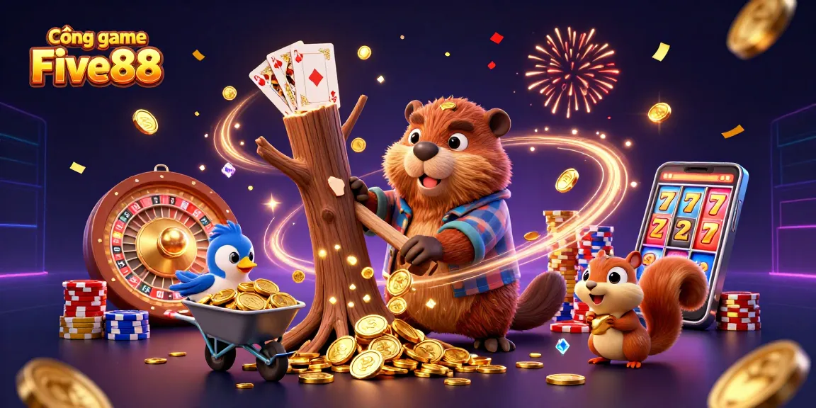 Cổng game Five88 showcases an exciting casino scene with animated characters and vibrant gaming elements.