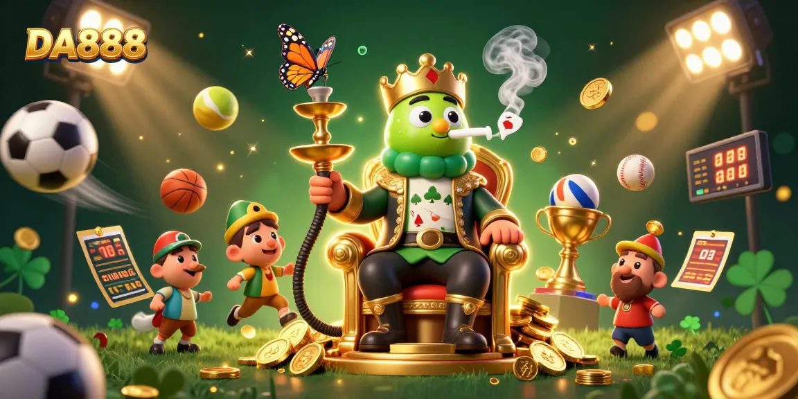 Engaging DA888 casino illustration featuring a caterpillar hookah-master with dynamic sports elements.