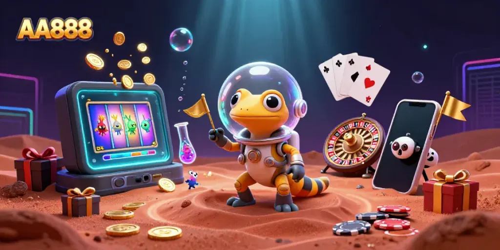 Experience the fun of AA888's vibrant casino world with a Martian gecko and robot companion!