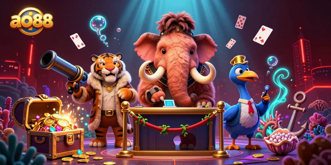 Experience the vibrant casino world with ao88, featuring a woolly mammoth bouncer, saber-tooth tiger guest, and dodo doorman.