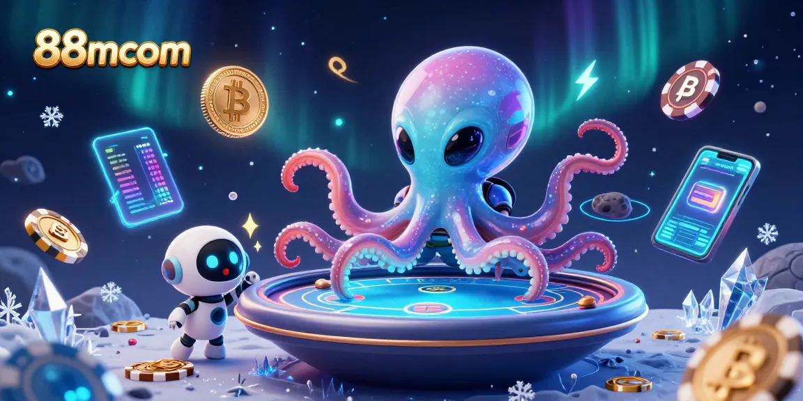 Engage with 88mcom featuring an alien octopus on a holographic poker table surrounded by crypto elements.