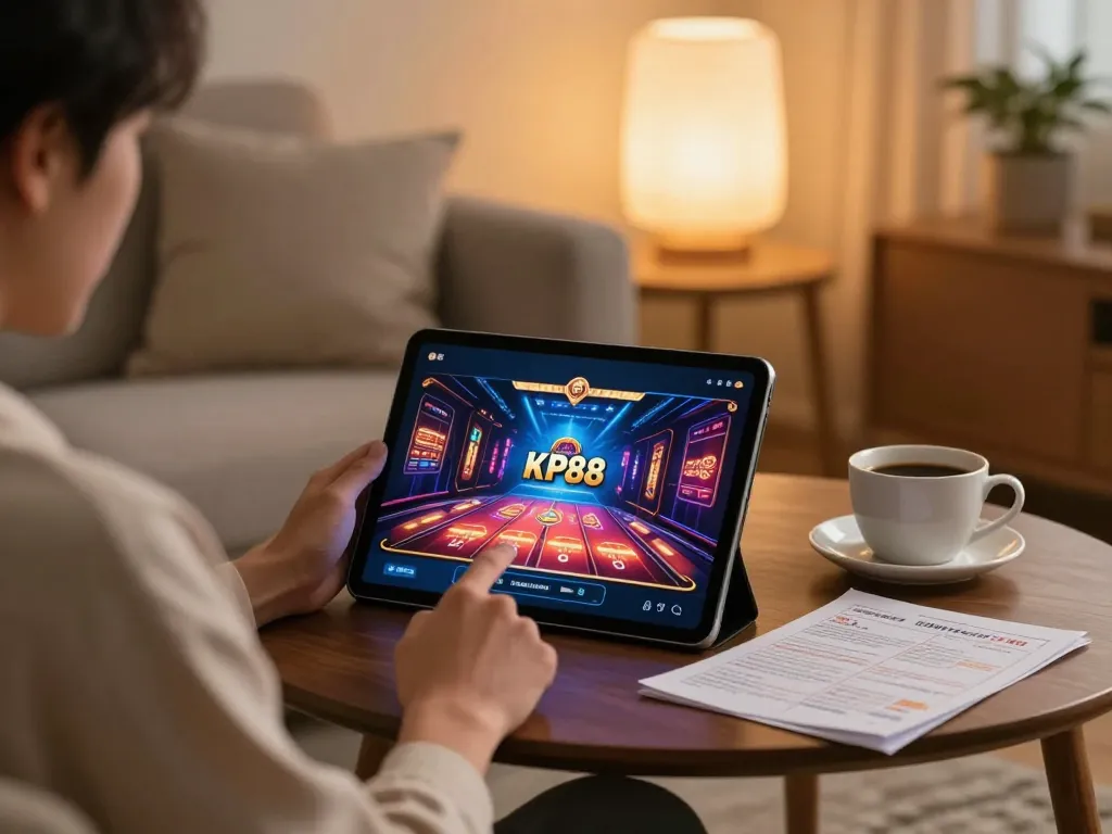 Engaging gameplay on the KP88 app in a cozy home setting, showcasing online casino experience.