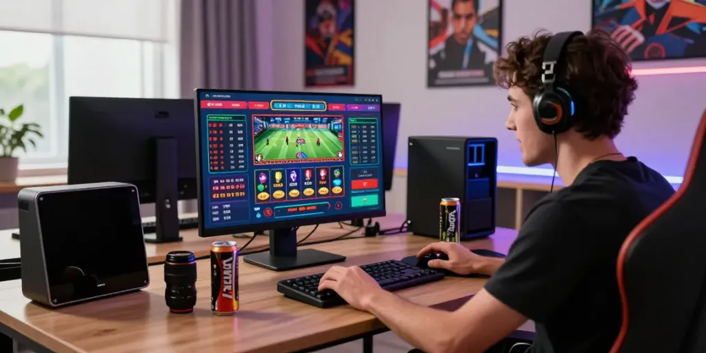 Excited player at online gaming setup with https://uk88win.org/, vibrant casino interface on screen, dynamic betting atmosphere.