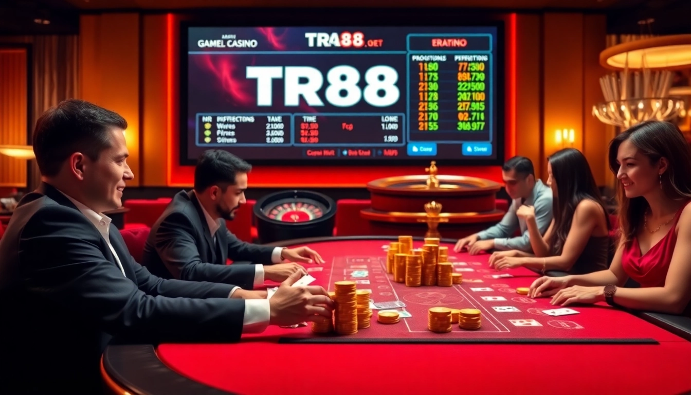 Experience a thrilling poker game at TR88 with vibrant chips and a dynamic betting atmosphere.