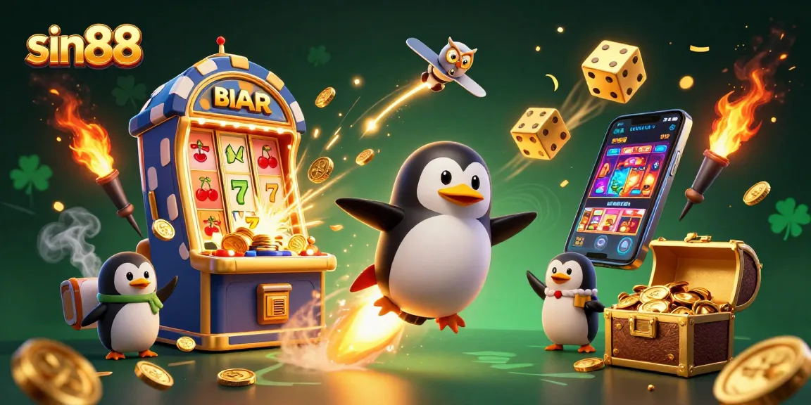 sin88 offers a thrilling adventure with a golden penguin and jackpot excitement in a vibrant casino space scene