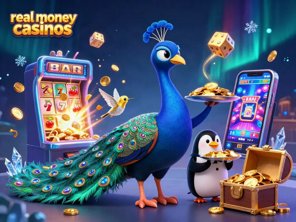 Experience excitement at real money casinos with vibrant characters amidst jackpot celebrations.