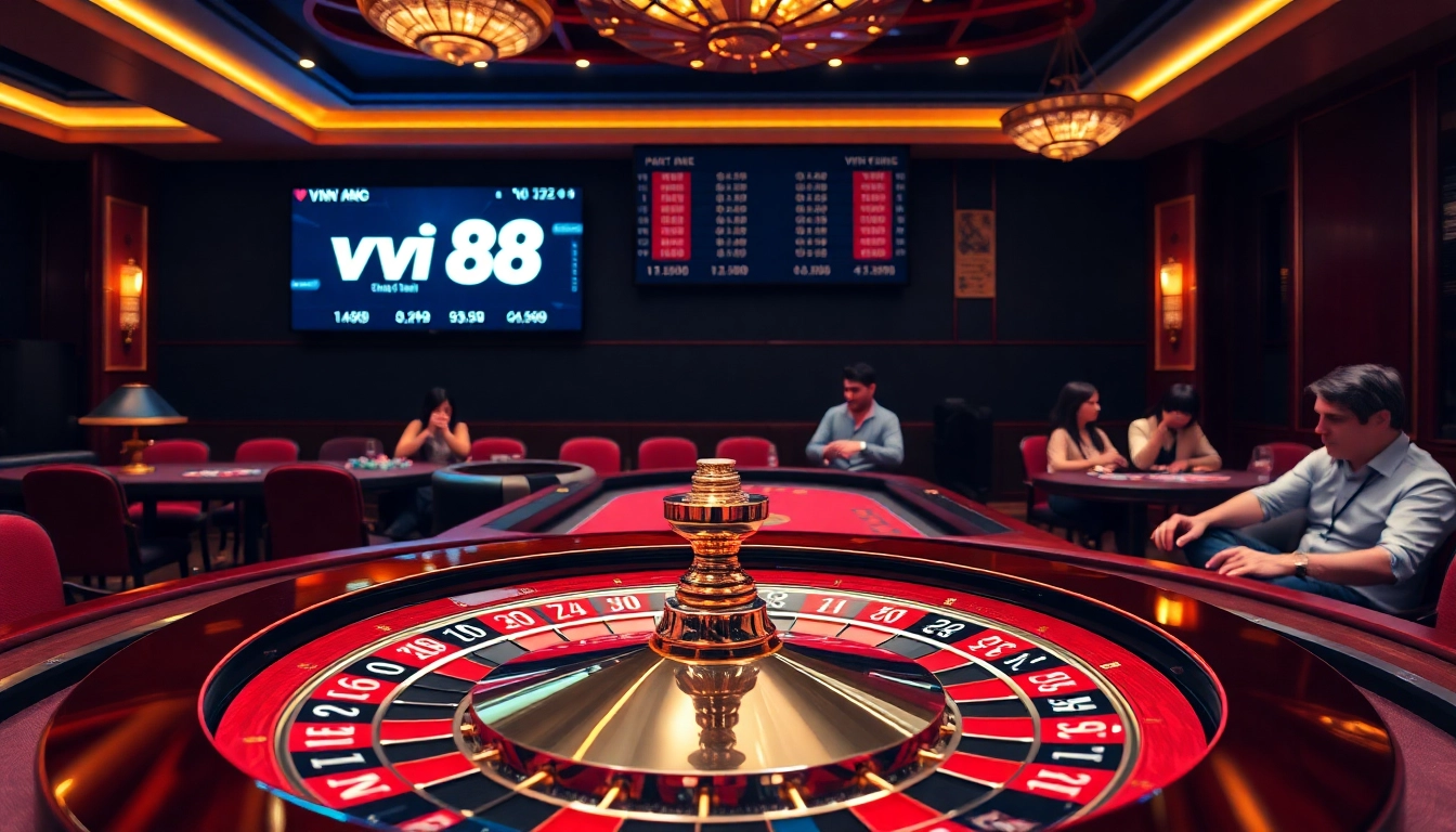 Players excitedly betting at a vibrant vn 88 casino table with poker chips and a roulette wheel.